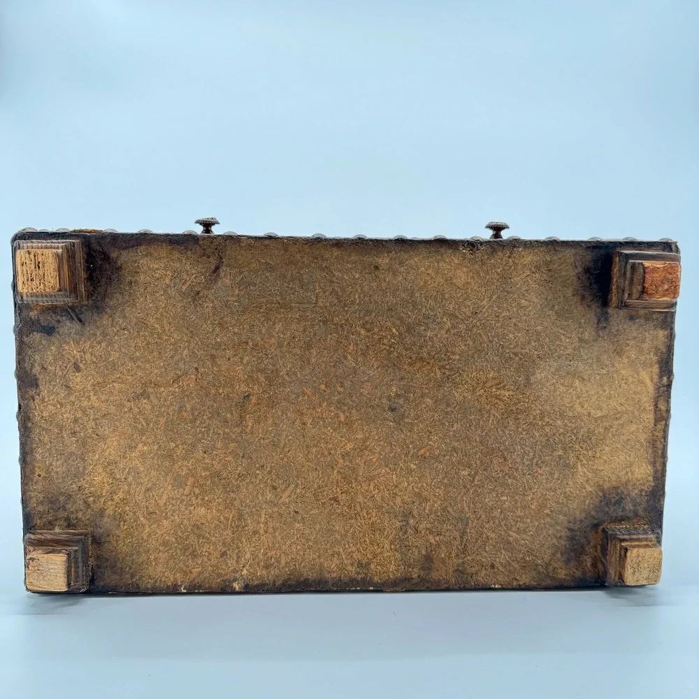 Vtg Leather Wood Jewelry Box Chest Trunk Old World Map Studded Nailhead Drawer